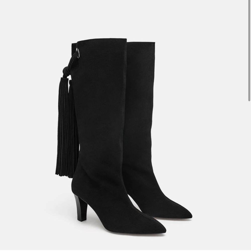 Zara Black Suede Fringe Leather Boots 37 - Picture 2 of 7